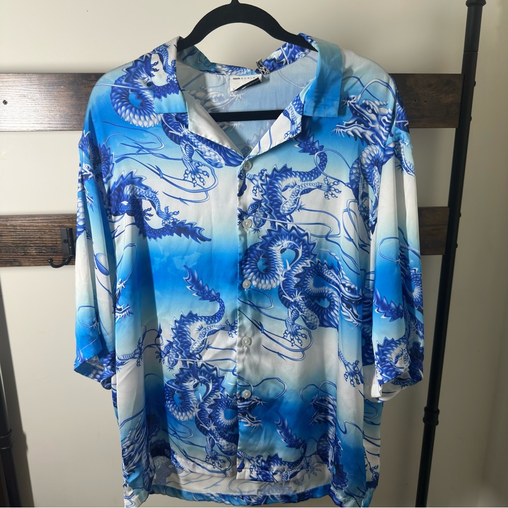 Satin - Blue Dragon Print Button-Up Shirt